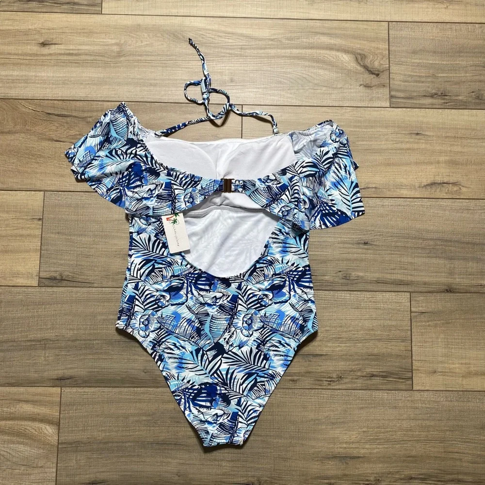 Stylish Swimwear Womens One Piece Floral Ruffle Halter Swimsuit Size‎ L Blue